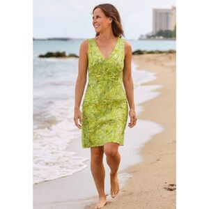 Boden Sleeveless Dress Womens Sz 6L Green Retro Fit Flare Tropical Print Cotton